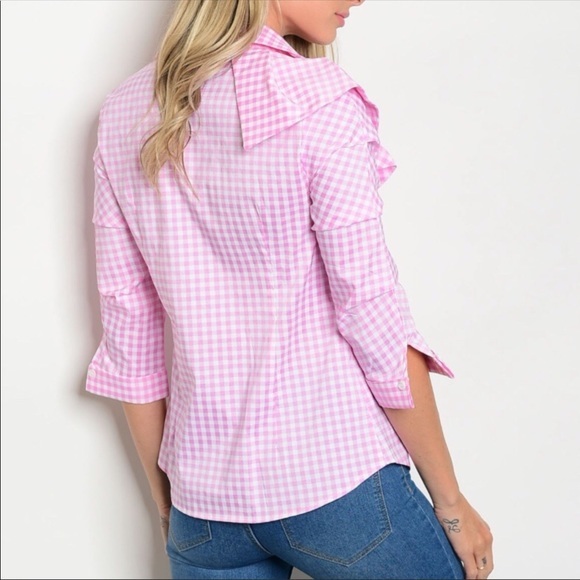 Pink and White Checked Top with Side Collar Ruffle-New‎ - Picture 3 of 7